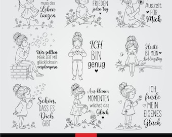 Positive Affirmations SVG Bundle, Sprüche Deutsch Achtsamkeit, Positive Vibes SVG, Self Love Clipart, Plotterdatei Mädchen, Laser Cut Files