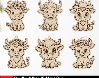 Highland Cow SVG Laser Cut Files, Highland Cow Keychain and Car Charm SVG, Highland Cow with Flowers, Cute Baby Highland Cow with Cowboy Hat