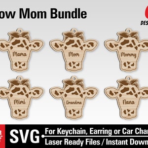 Cow Keychain svg, Keychain Bundle SVG, Cow Mom Keychain svg, Mom Keychain svg, Mothers day laser, Cow Car charm with bow, Laser Cut Files