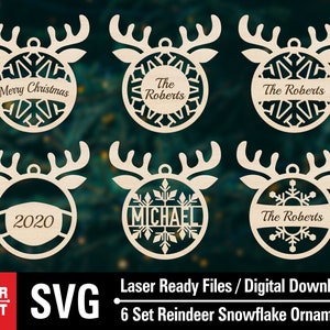 Personalisierte Weihnachtsverzierung SVG, Rentier Ornament svg, Weihnachtsbaum Ornament svg, Schneeflocke svg, Weihnachten 2020 Laser, Glowforge Dateien