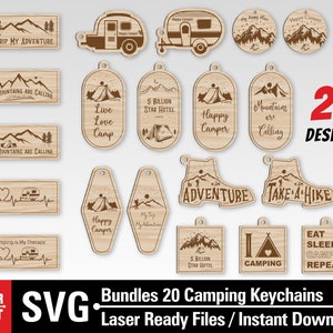 Paquete de llaveros de camping SVG, Happy Camper Keychain svg, Mountain Keychain svg, Senderismo svg Glowforge Keychain Files, Laser Keychain svg