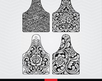 Floral Ear Tag SVG Bundle: Western Tooled Leather, Rose Designs (Digital Download)