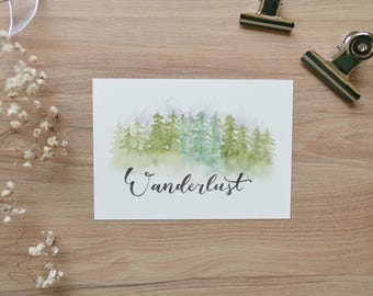 Postal Wanderlust A6 Tarjeta de felicitación Cumpleaños Montañas Senderismo Viajes Acuarela Letras a mano Idea de regalo Decoración