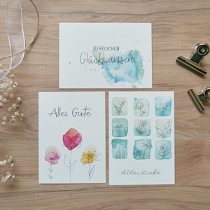 Postkarten 3-er Set Glückwünsche Aquarell A6 Grußkarte Geburtstag Jubiläum Alles Liebe Handlettering Geschenkidee