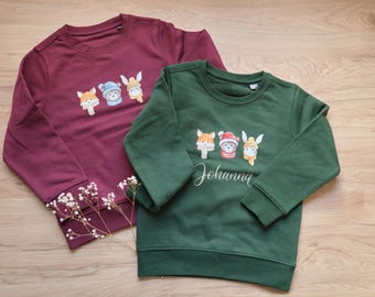 Suéter infantil de animales personalizable, sudadera navideña de invierno con zorro, oso y conejo con nombre, moda infantil, algodón orgánico neutro.