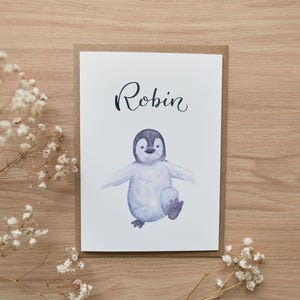 Postkarte personalisierbar Pinguin A6 Grußkarte Kind Name Geburtstag Geburt Taufe Aquarell Geschenkidee