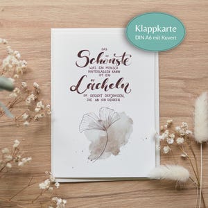 Trauerkarte A6 Klappkarte Ein Lächeln mit Kuvert Trauerfall Beileid Abschied Kondolenz Ginkgo Aquarell Handlettering