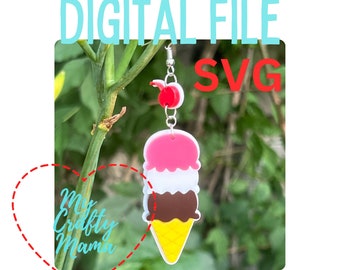 May include: SVG digital file for a three-scoop ice cream cone earring with a cherry on top. The ice cream is pink, white, and brown. The cone is yellow with a waffle pattern.