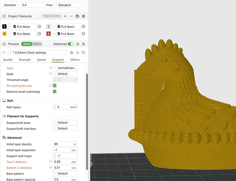 May include: A 3D-printed golden hen figurine, likely a decorative item or part of a larger project. The image shows the hen's side profile, with detailed textures and a textured base. The hen is displayed in a 3D modeling software interface.