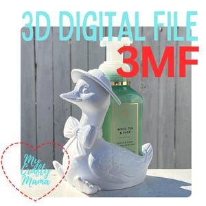 May include: A white ceramic duck-shaped soap dispenser with a bow tie and hat. The dispenser is next to a green bottle of hand soap. Text on the image reads "3D DIGITAL FILE" and "3MF".