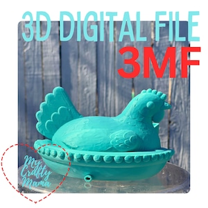 May include: A turquoise hen figurine in a nest, with the text "3D DIGITAL FILE 3MF" in the background. The hen is detailed with a comb, wattle, and feather details. The nest has a decorative edge. The words "My Crafty Mama" are also visible.
