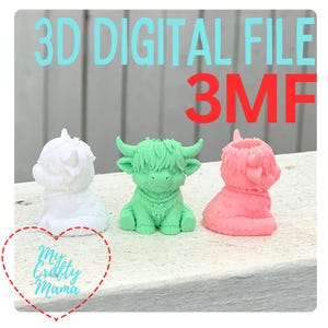 May include: Three Highland cow figurines in white, green, and pink. The green cow has a necklace. The text "3D DIGITAL FILE" and "3MF" are in the background. The image also includes a heart-shaped logo with the text "My Crafty Mama".