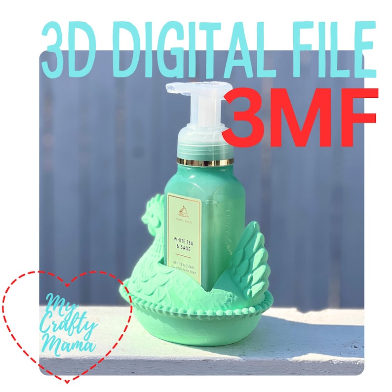 May include: A light green chicken-shaped soap dispenser holder with a matching soap bottle. The bottle contains "White Tea & Sage" soap. The text "3D DIGITAL FILE 3MF" is displayed above the soap dispenser.