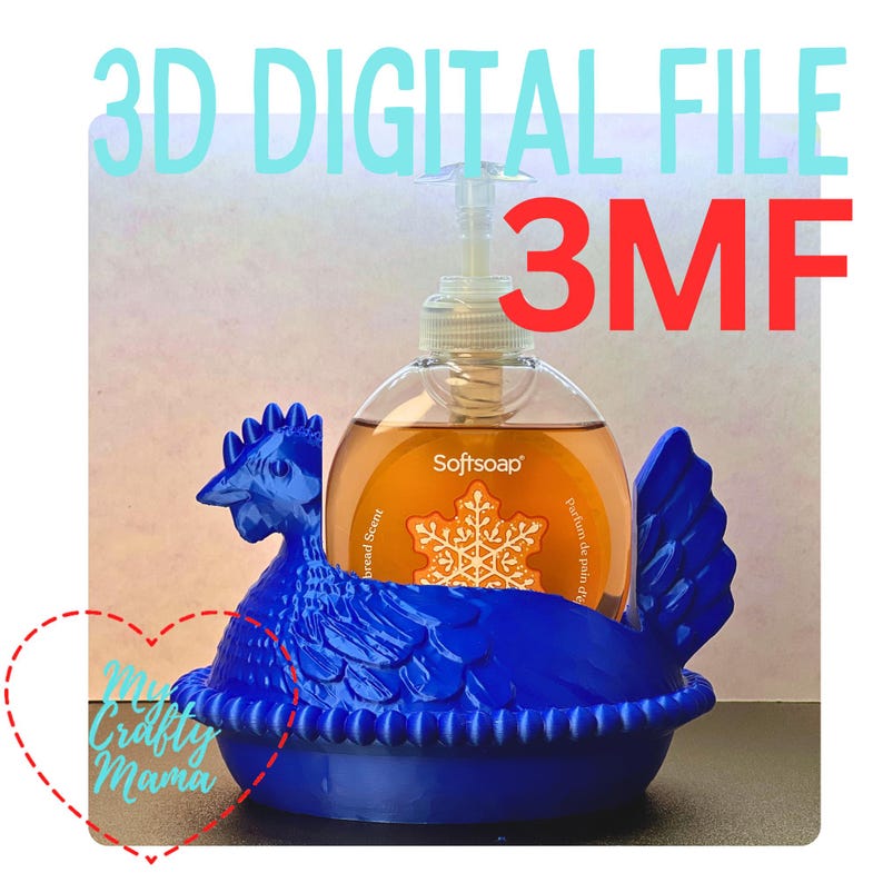 May include: A blue chicken-shaped soap dispenser holder with a bottle of Softsoap inside. The text "3D DIGITAL FILE" and "3MF" are in the background. The holder is a vibrant blue colour and has a detailed design.