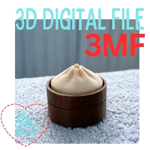 Puede incluir: Un recipiente marrón impreso en 3D con una tapa beige en forma de bollo. El texto "3D DIGITAL FILE" en azul claro y "3MF" en rojo se muestra encima del recipiente. El objeto está sobre una superficie texturizada de color azul claro.