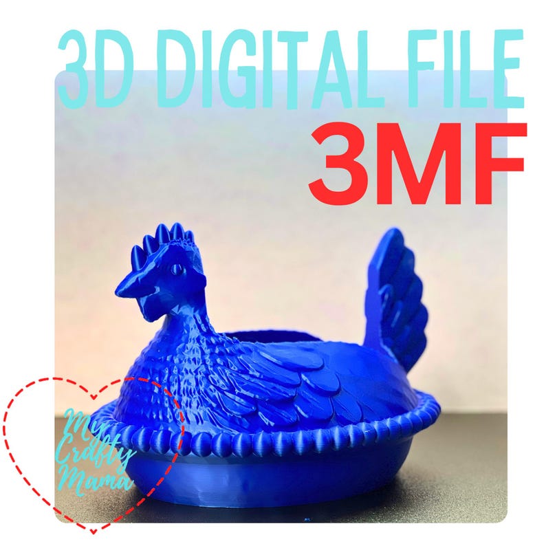May include: A bright blue hen-shaped container, likely for decoration or storage. The image features the text "3D DIGITAL FILE" and "3MF". The hen has textured feathers and a decorative rim, suggesting a 3D-printed design.