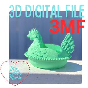 May include: A light green 3D-printed hen-shaped planter. The planter features a detailed design, including a comb, wattle, and feather details. The image includes the text "3D DIGITAL FILE" and "3MF", along with the text "My Crafty Mama".