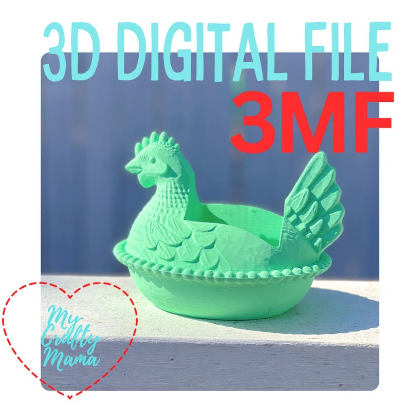 May include: A light green 3D-printed hen-shaped planter. The planter features a detailed design, including a comb, wattle, and feather details. The image includes the text "3D DIGITAL FILE" and "3MF", along with the text "My Crafty Mama".