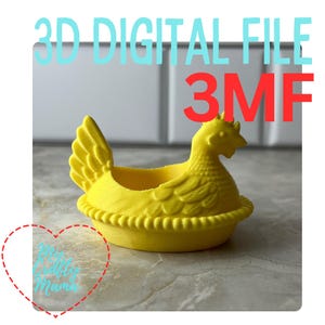 May include: A bright yellow 3D-printed hen-shaped container. The container has a detailed design, including a textured body and a decorative rim. Text on the image reads "3D DIGITAL FILE 3MF" and "My Crafty Mama".