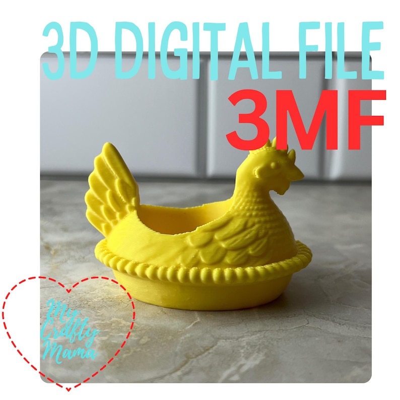 May include: A bright yellow 3D-printed hen-shaped container. The container has a detailed design, including a textured body and a decorative rim. Text on the image reads "3D DIGITAL FILE 3MF" and "My Crafty Mama".