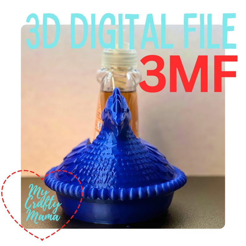 May include: A bright blue hen-shaped container with a textured finish. The image features the text "3D DIGITAL FILE" and "3MF". The logo "My Crafty Mama" is also visible.