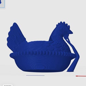 May include: A blue hen-shaped decorative basket with a detailed design. The hen is sitting in a basket with a handle. The basket has a textured, carved appearance, and the hen has detailed feathers.