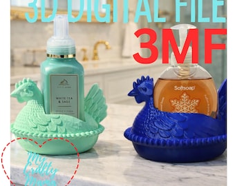 May include: Two decorative soap holders shaped like hens. One is mint green, the other is blue. Each holds a soap dispenser. The text "3D DIGITAL FILE" and "3MF" are visible in the image. The mint green soap dispenser reads "White Tea & Sage".