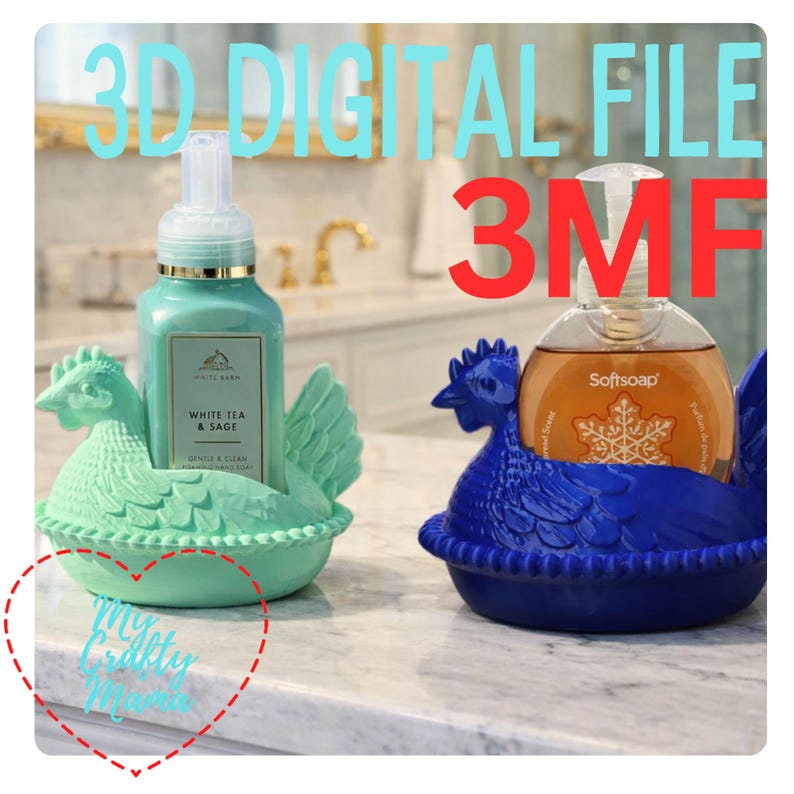 May include: Two hen-shaped soap holders, one mint green, one blue, each holding a soap dispenser. The image includes the text "3D DIGITAL FILE" and "3MF". The mint green dispenser reads "White Tea & Sage".