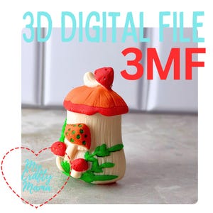 May include: A whimsical, mushroom-shaped 3D digital file. The mushroom has a cream-colored stem, an orange cap with red trim, and green leaves. The text "3D DIGITAL FILE 3MF" is displayed above the mushroom.