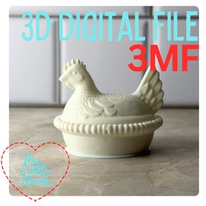 May include: A cream-colored hen-shaped container with a detailed design, sitting atop a matching base. The text "3D DIGITAL FILE" in light blue and "3MF" in red is displayed. A heart-shaped graphic with text is in the lower left.