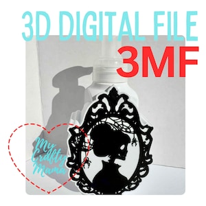 Puede incluir: Marco decorativo en blanco y negro con la silueta de una mujer, arañas y una telaraña. El texto "3D DIGITAL FILE 3MF" y "My Crafty Mama" también están presentes.