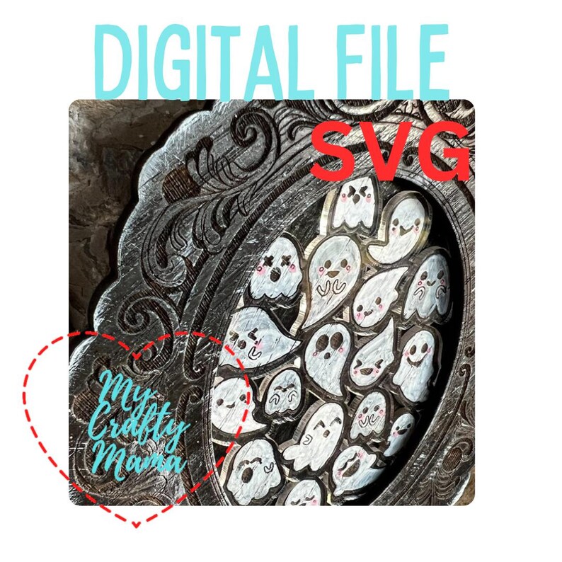 K&ouml;nnte beinhalten: Eine digitale Datei f&uuml;r ein SVG-Design mit einer Sammlung s&uuml;&szlig;er Geisterillustrationen in einem dekorativen Rahmen. Das Design ist perfekt f&uuml;r Bastelprojekte wie Vinyl-Aufkleber, T-Shirts und mehr.