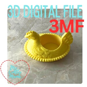 May include: A bright yellow hen-shaped container with a textured surface. The container has a round base and a detailed head and wings. The text "3D DIGITAL FILE" and "3MF" are in the image. A heart-shaped graphic with text is also present.