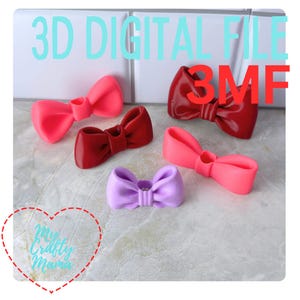 May include: Several 3D-printed bow shapes in shades of red, pink, and purple. The image includes the text "3D DIGITAL FILE" and "3MF". A heart-shaped logo with the text "My Crafty Mama" is also visible.