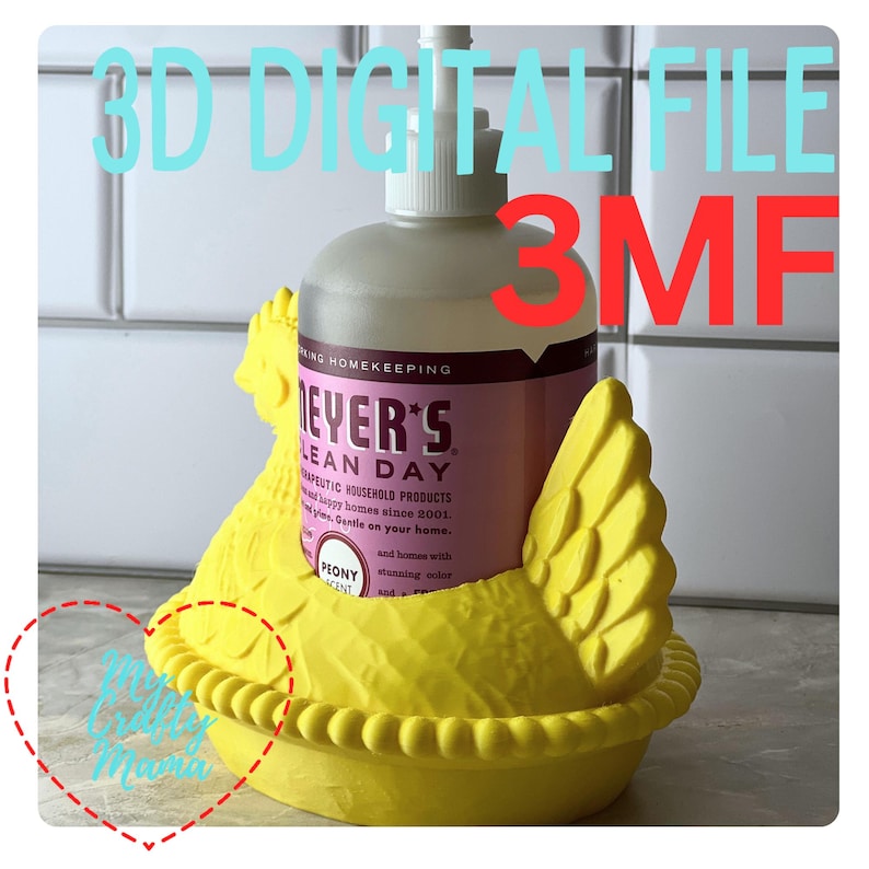 May include: A yellow 3D-printed soap dispenser holder shaped like a hen, holding a bottle of Meyer's Clean Day soap. The text "3D DIGITAL FILE" and "3MF" are visible. The soap bottle has a pink label with the word "PEONY".