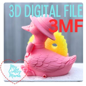 May include: A pink duck figurine wearing a hat and bow tie, with a yellow textured element behind it. The image includes the text "3D DIGITAL FILE 3MF" in blue and red, and a logo that says "My Crafty Mama".