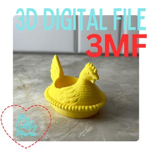 May include: A bright yellow chicken-shaped container, possibly for holding eggs or small items. The container has a detailed design and the text "3D DIGITAL FILE 3MF" in the background. The image also includes the text "Mrs. Crafty Mama" in a heart-shaped outline.