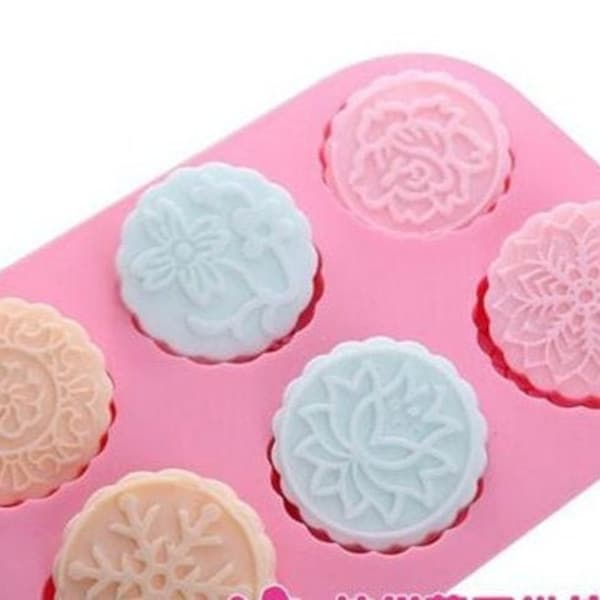 6-cavity Round Moon Cake Floral Cake Mold Flexible Silicone Soap Mold For Handmade Soap Candle Candy