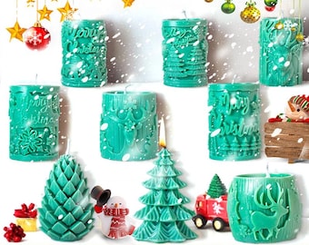 11 Styles Christmas Candle Silicone Molds-Elk Cylinder Candle Mold--Embossed Christmas Tree Candle Mold-DIY Aromatherapy Candle Mold