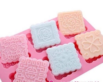 6-cavity Square Floral Cake Mold Flexible Silicone Soap Mold For Handmade Soap Candle Candy