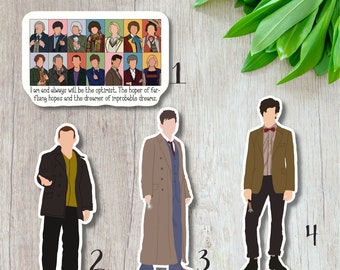 May include: A collection of stickers featuring characters from Doctor Who. The stickers include a grid of various Doctor Who characters and three individual character stickers. The text "Doctor Who" is at the top, and a quote is at the bottom.