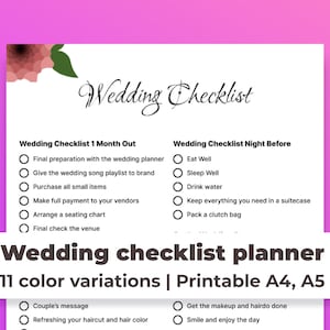 Lista de verificación de planificación de bodas / Planificación de bodas imprimible / Lista de verificación del día de la boda / Lista de verificación del planificador de bodas / Boda imprimible