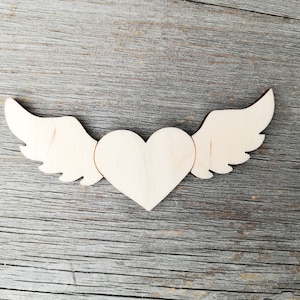 Heart with wings - wood cutout shapes DIY, Unfinished Craft Supply DIY not painted, wooden laser cut shapes, 0000100