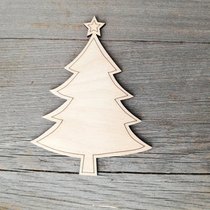 Albero di Natale con una stella in cima, forma incompiuta ritagliata in legno di pino, non dipinta, fornitura artigianale fai da te, ritaglio di albero sempreverde 000026-21