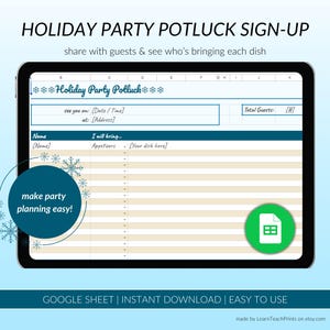 Pode incluir: Uma folha de inscrição digital para um potluck de festa de fim de ano. A folha é uma planilha do Google com um título que diz "Holiday Party Potluck". A folha tem colunas para os nomes, o que eles vão trazer e uma contagem total de convidados. A folha está na tela de um tablet com um fundo azul.