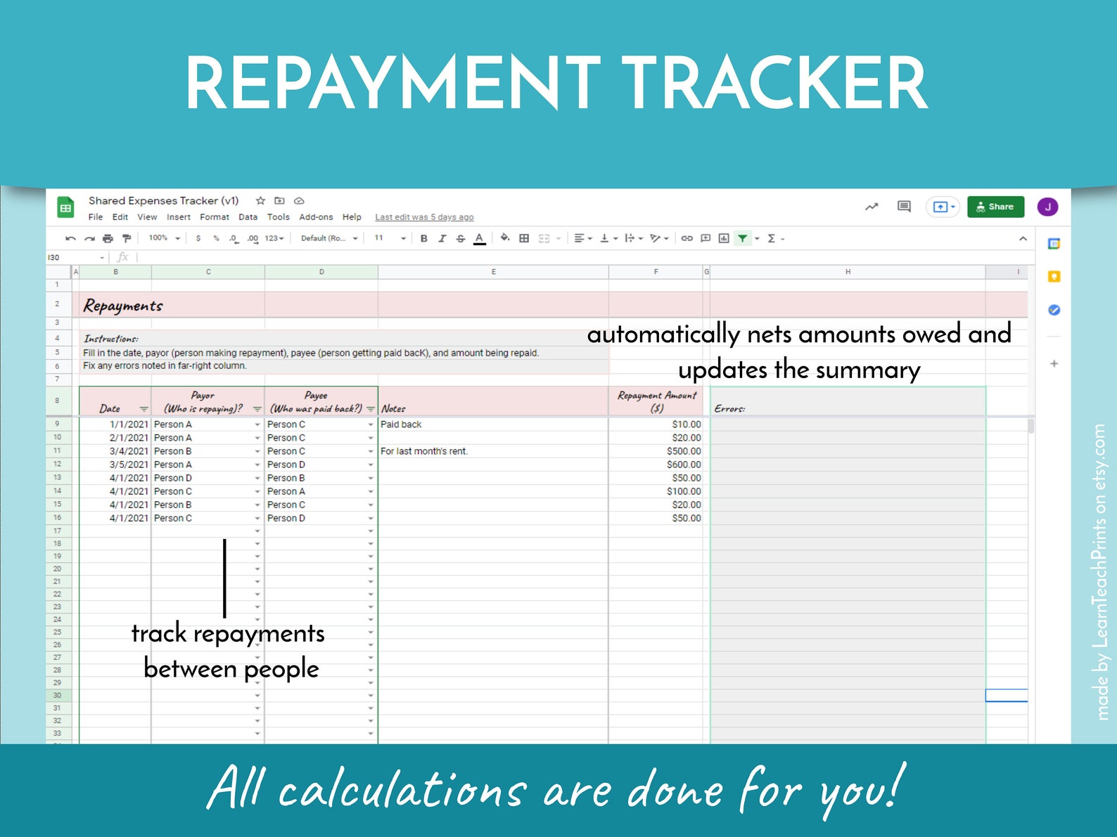 Shared Expenses Tracker Roommate Expenses Tracker Couples Expenses
