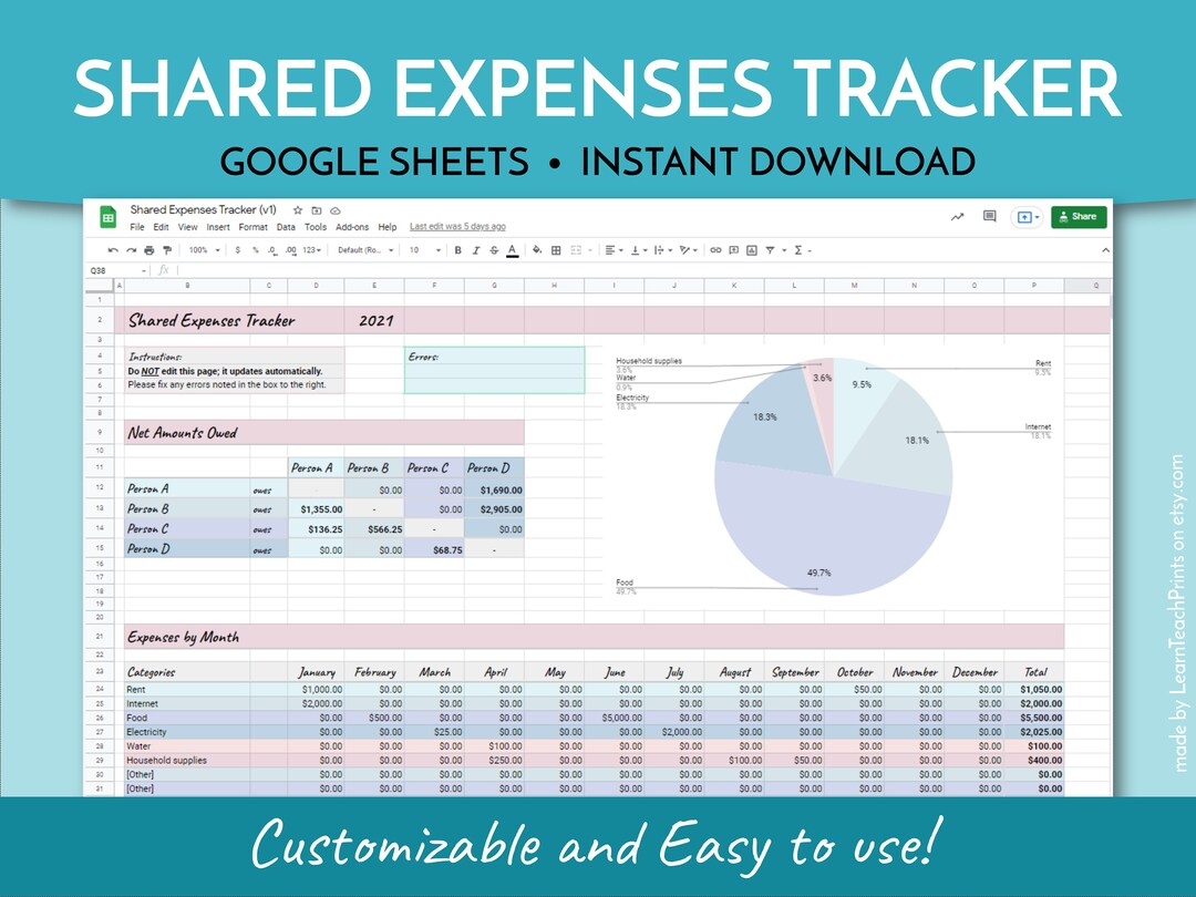 Shared Expenses Tracker Roommate Expenses Tracker Couples Expenses