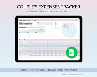 Könnte beinhalten: Eine Google Sheet-Vorlage zum Verfolgen der Ausgaben eines Paares. Die Tabellenkalkulation enthält einen Abschnitt zum Verfolgen der Nettobeträge, ein Kreisdiagramm und eine Tabelle zum Verfolgen der Ausgaben nach Monat und Kategorie. Der Text "Couple's Expenses Tracker" befindet sich oben auf dem Blatt. Der Text "split bills & track shared expenses with friends" befindet sich unter dem Titel. Der Text "GOOGLE SHEET | INSTANT DOWNLOAD | EASY TO USE" befindet sich unten auf dem Blatt.