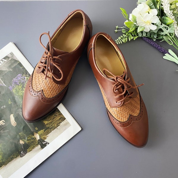 Leather Women's Oxfords Shoes, Brown Handmade Oxfords Shoes, Leather Dress Shoes, Vintage Office Shoes, Custom Leather Shoes