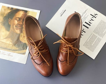 Genuine Leather Women's Oxfords Shoes, Brown Handmade Chunky Heels, Brogue Shoes, Vintage Office Shoes, Customised Leather Shoes